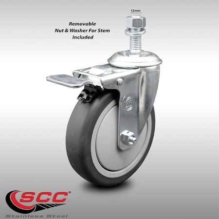Service Caster 5 Inch SS Thermoplastic Rubber 12mm Threaded Stem Caster Total Lock Brake SCC-SSTSTTL20S514-TPRB-M1215